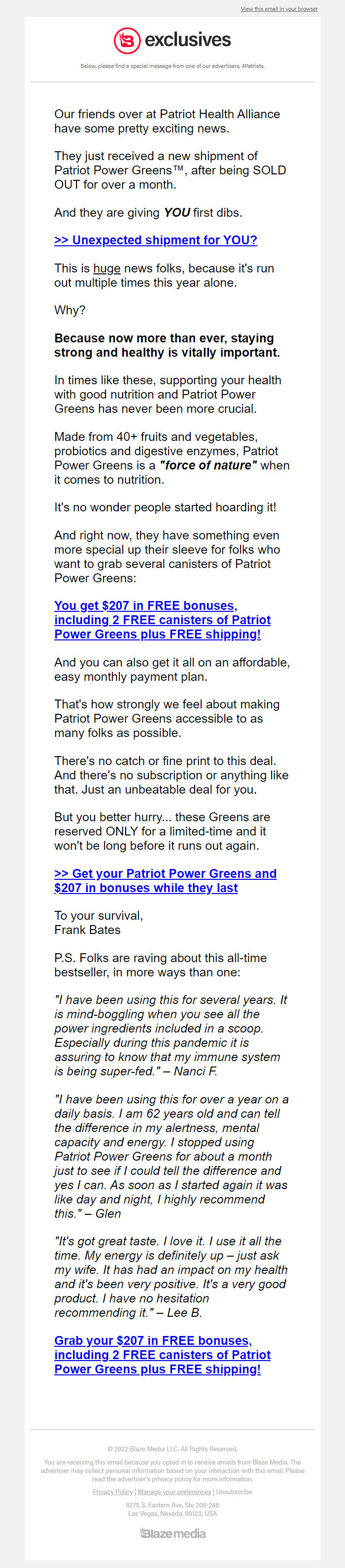 Screenshot of the email generated on import