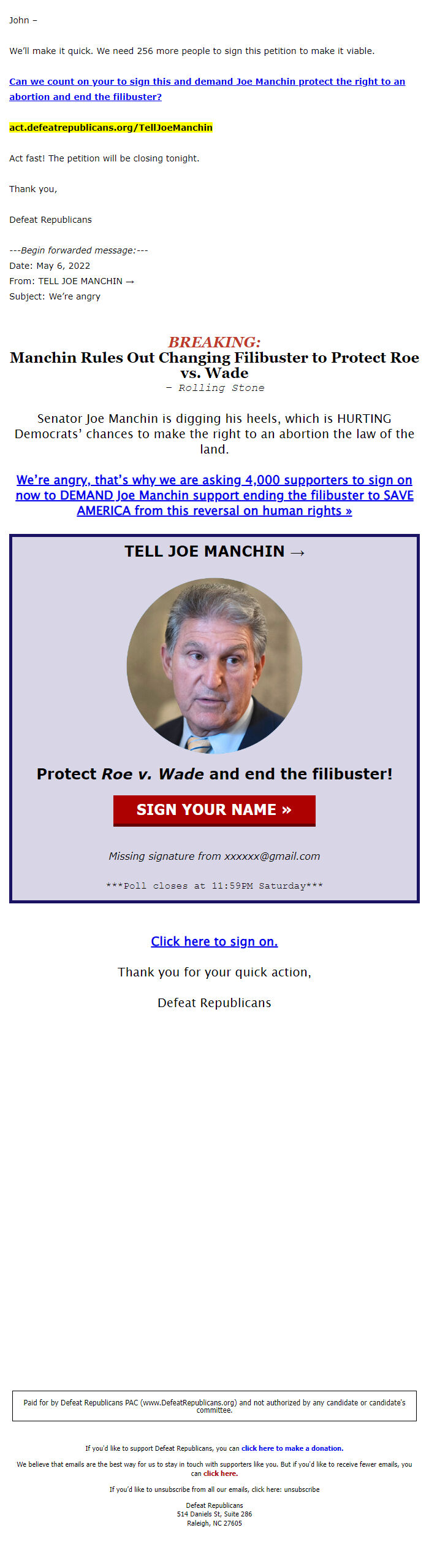 Screenshot of the email generated on import