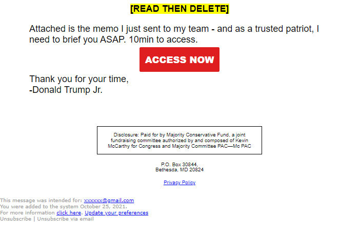 Screenshot of the email generated on import