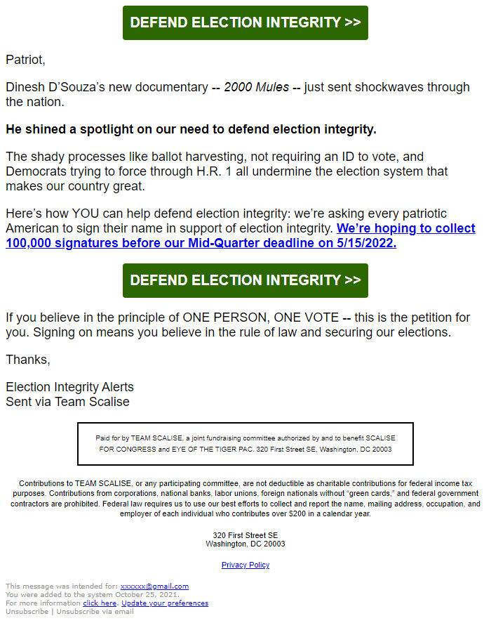 Screenshot of the email generated on import