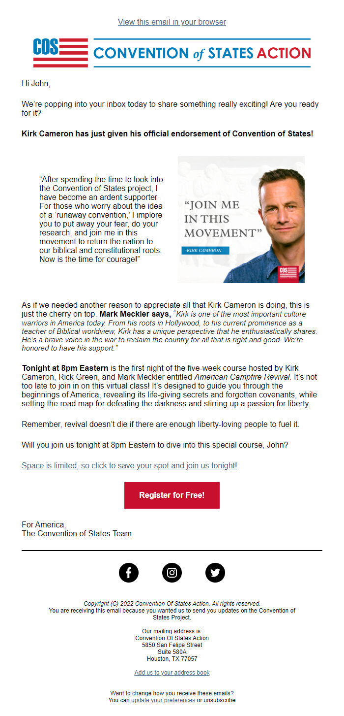 Screenshot of the email generated on import