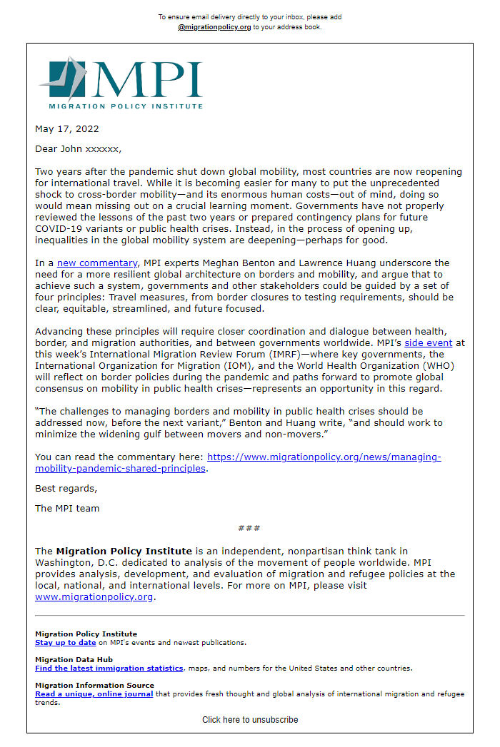 Screenshot of the email generated on import