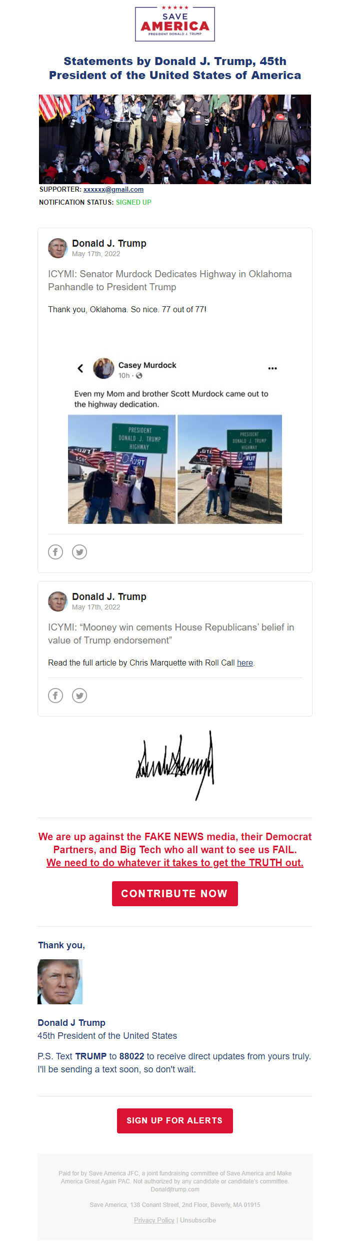 Screenshot of the email generated on import