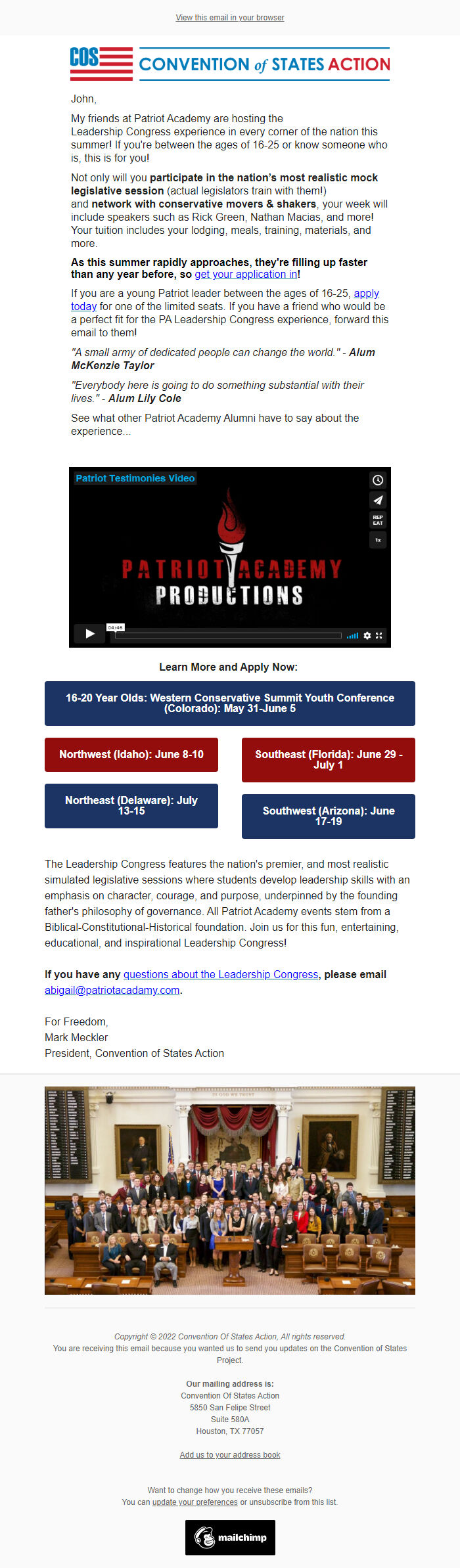 Screenshot of the email generated on import