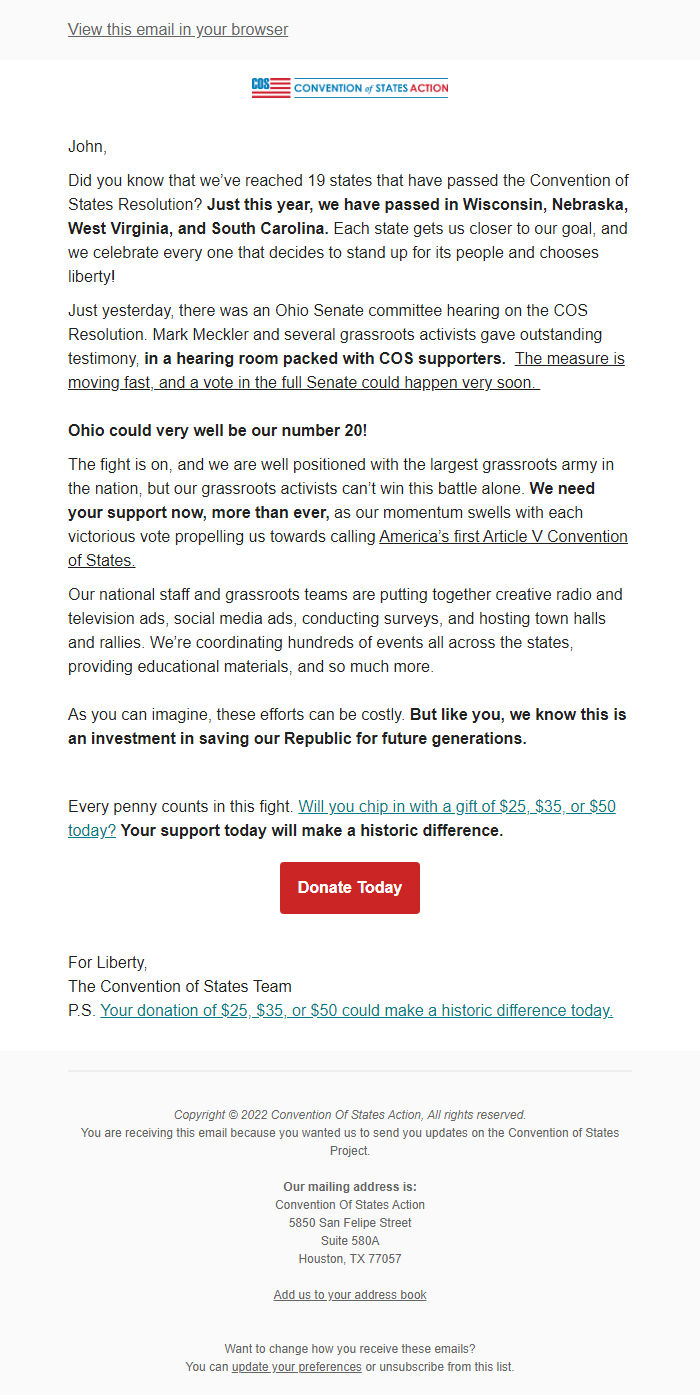 Screenshot of the email generated on import