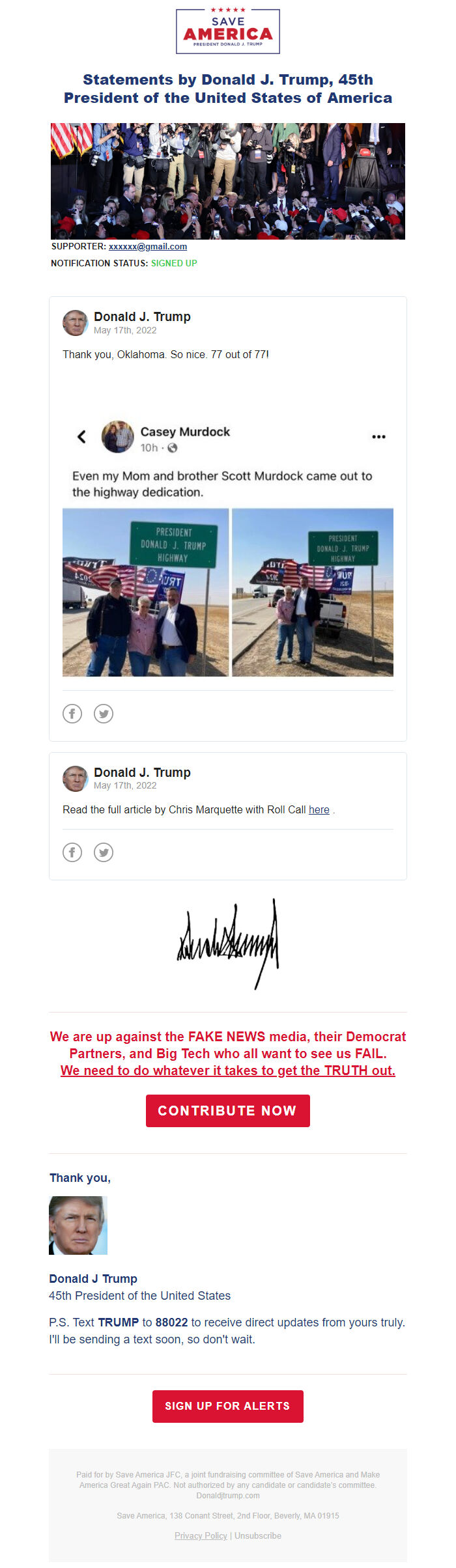 Screenshot of the email generated on import