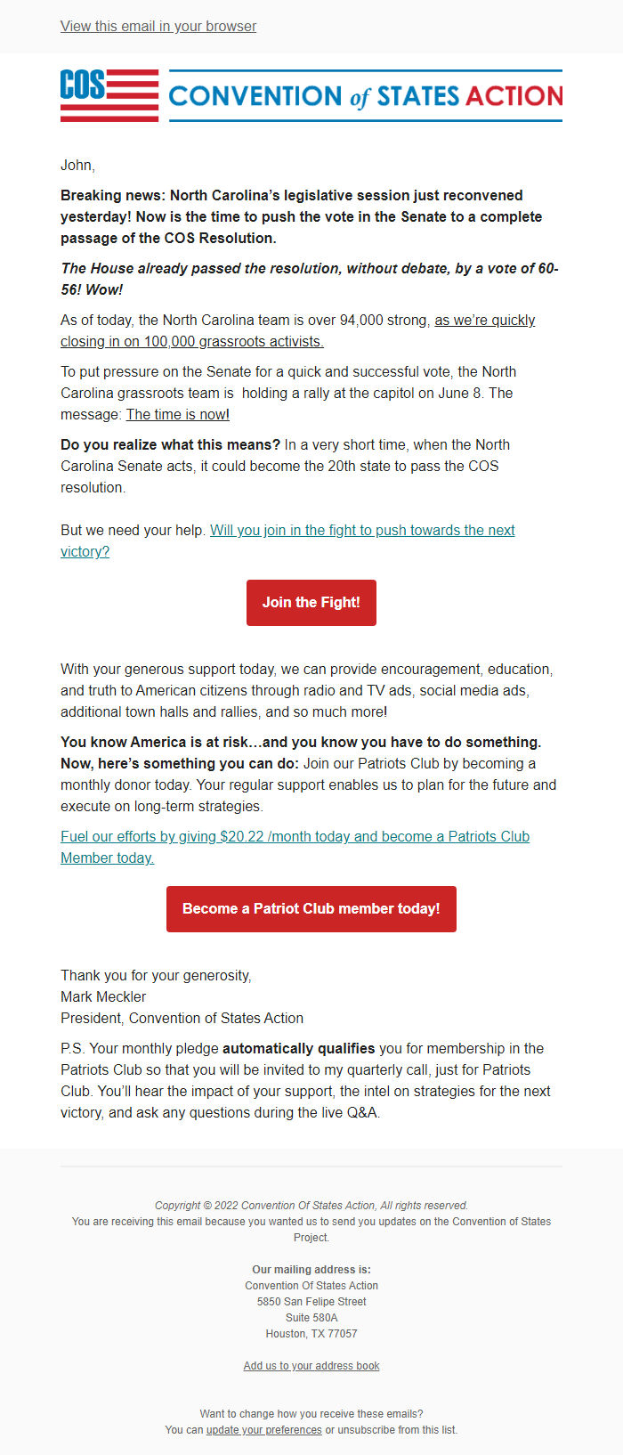 Screenshot of the email generated on import