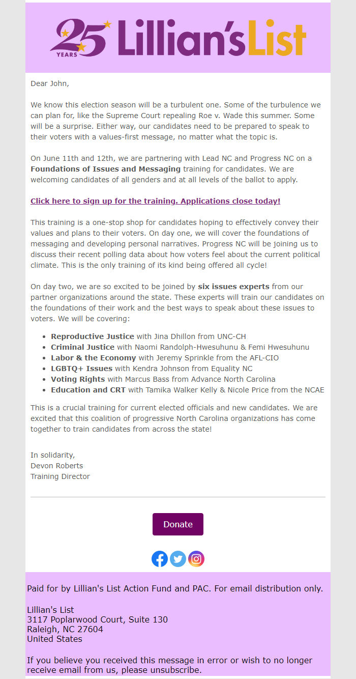 Screenshot of the email generated on import