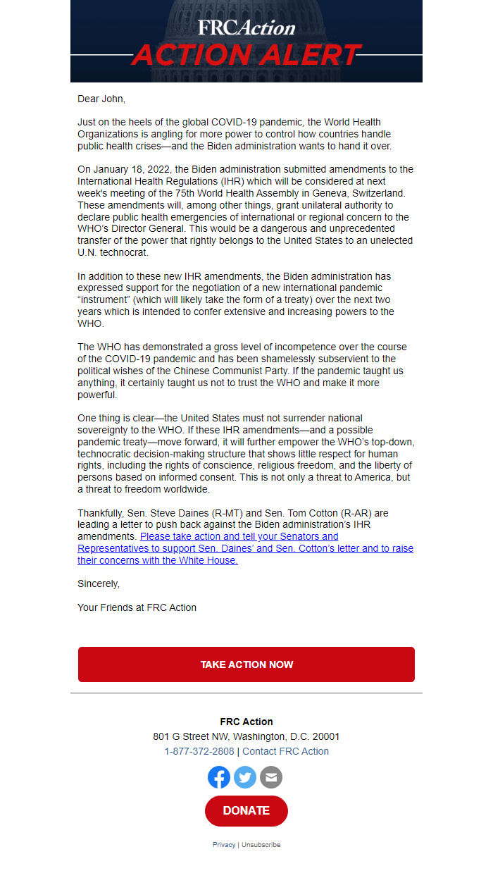 Screenshot of the email generated on import