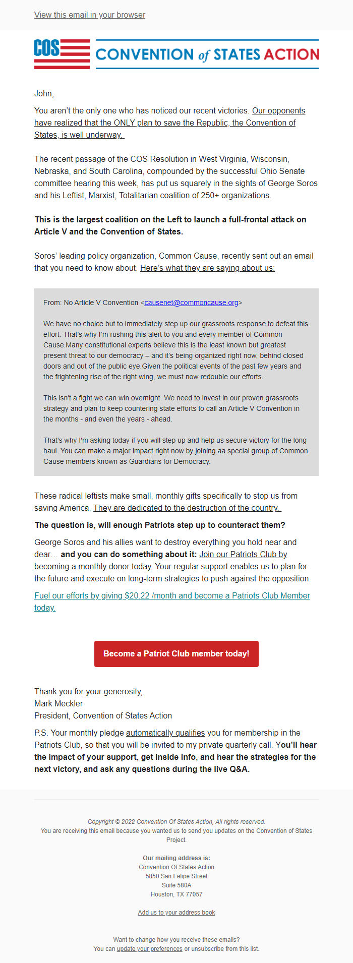 Screenshot of the email generated on import