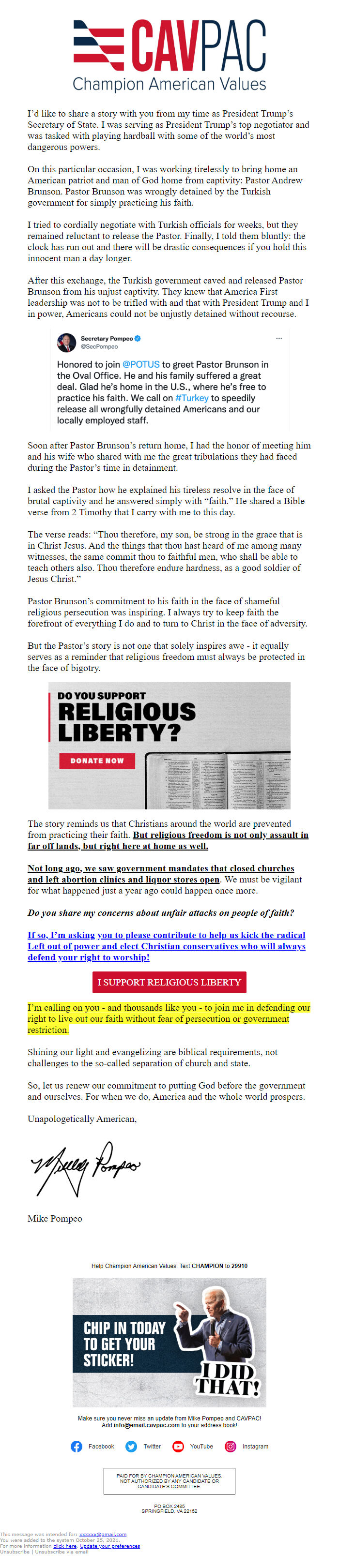 Screenshot of the email generated on import