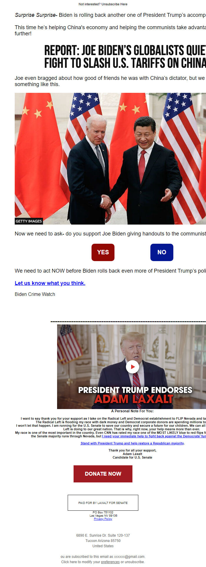 Screenshot of the email generated on import