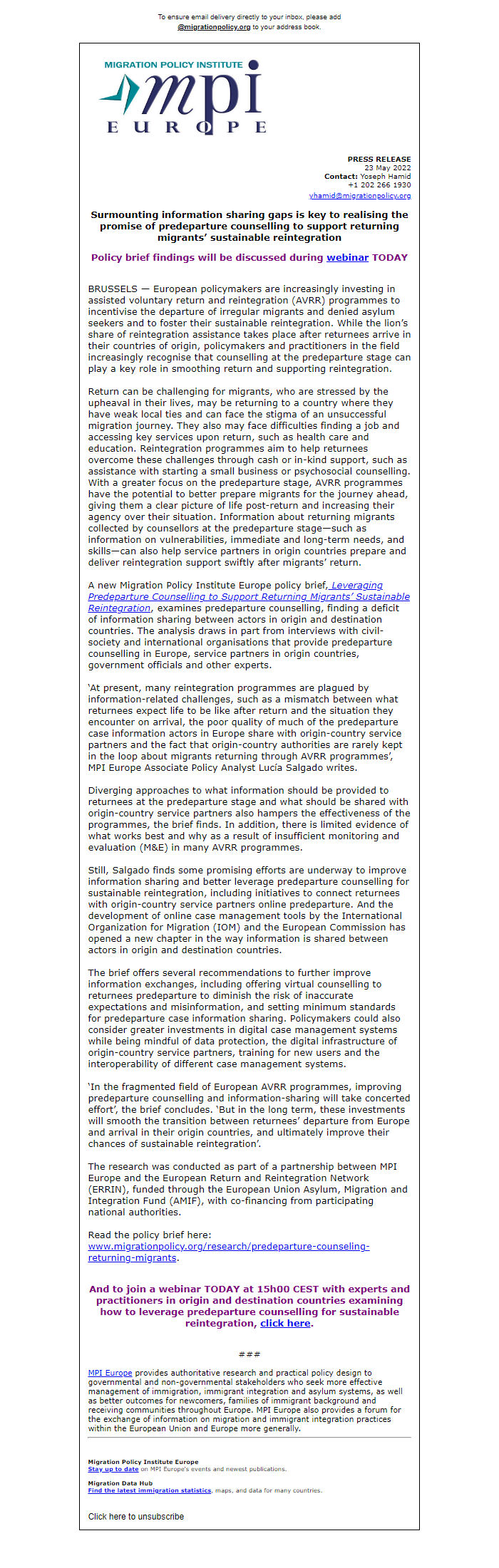 Screenshot of the email generated on import
