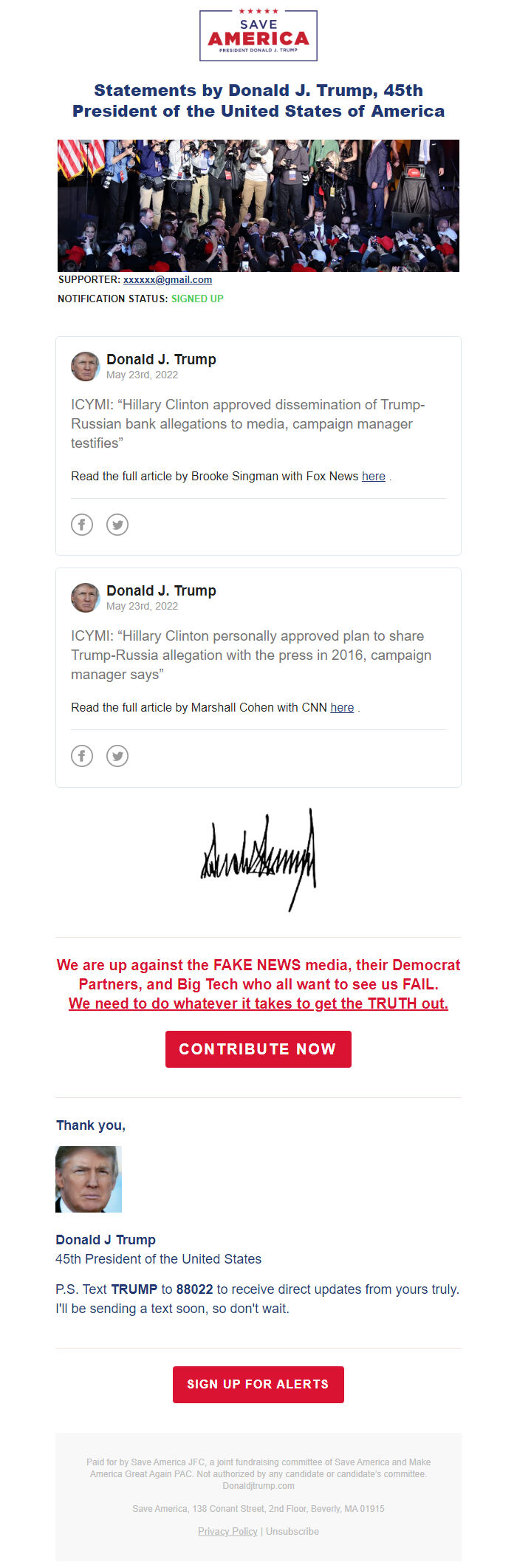 Screenshot of the email generated on import