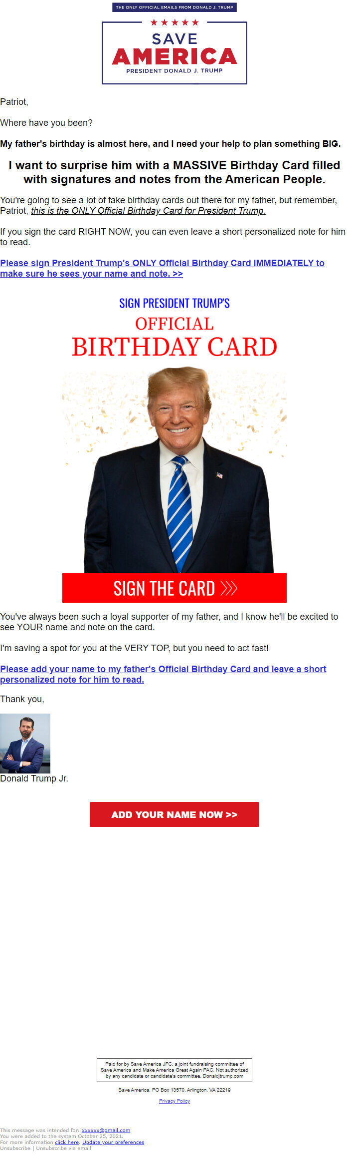 Screenshot of the email generated on import