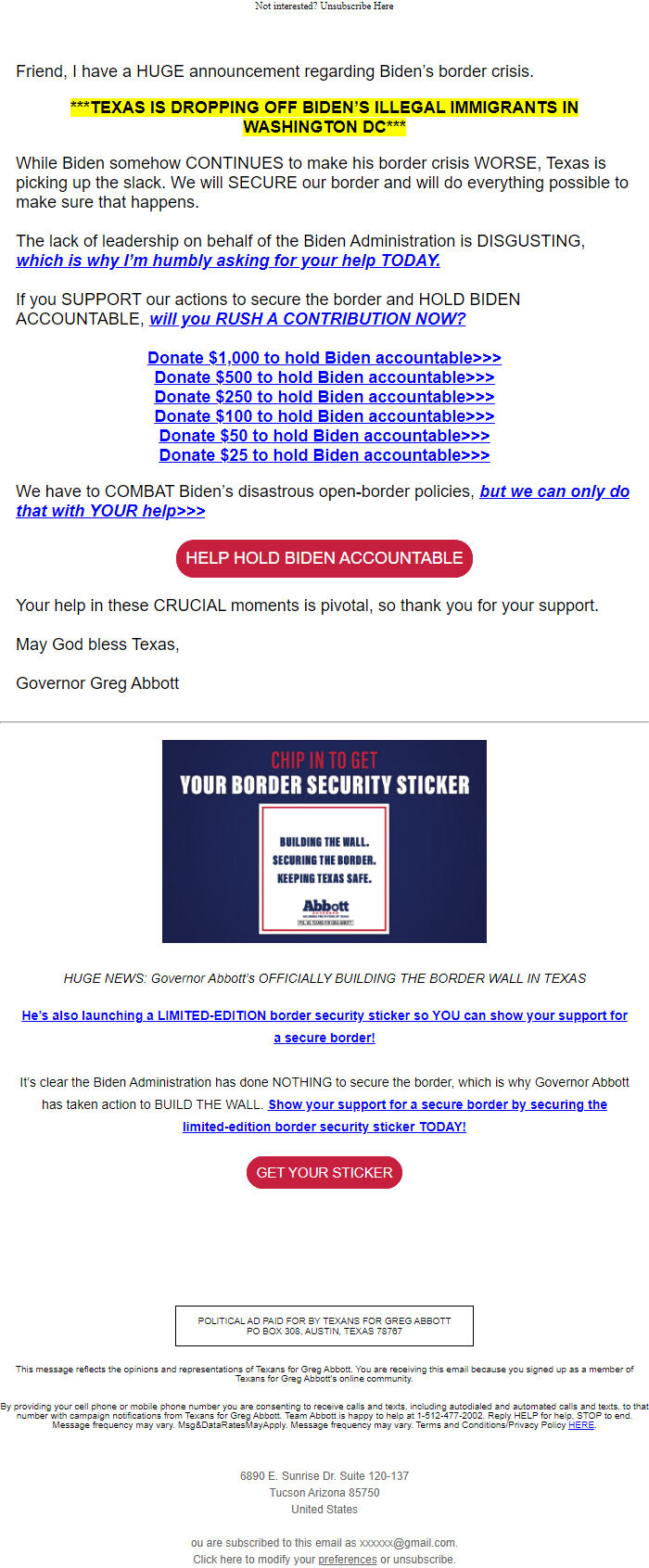 Screenshot of the email generated on import