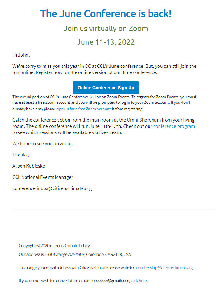 Screenshot of the email generated on import