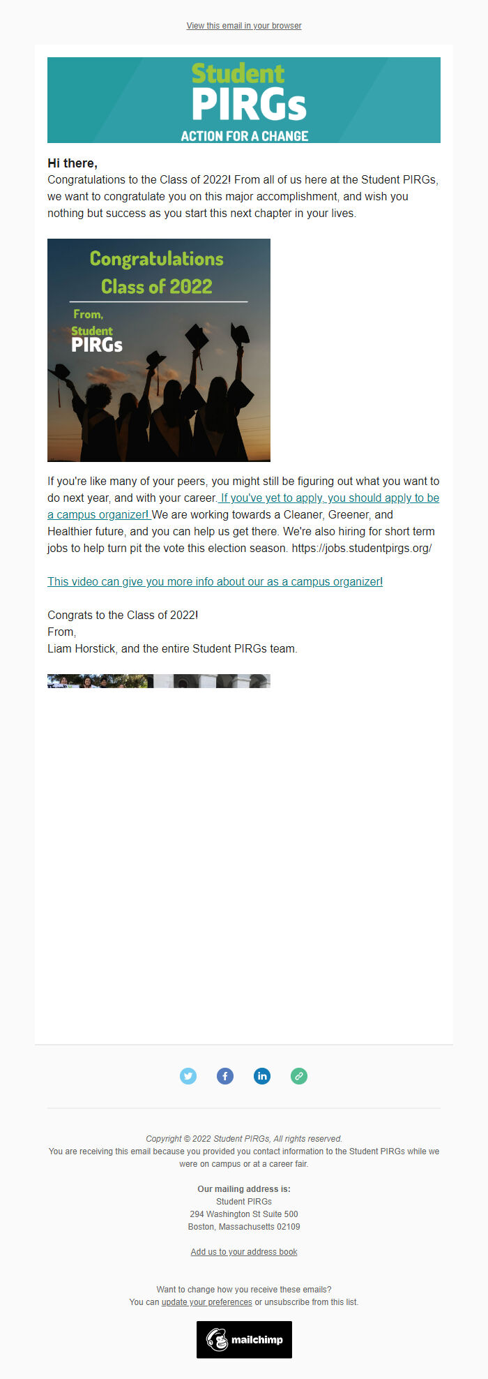 Screenshot of the email generated on import