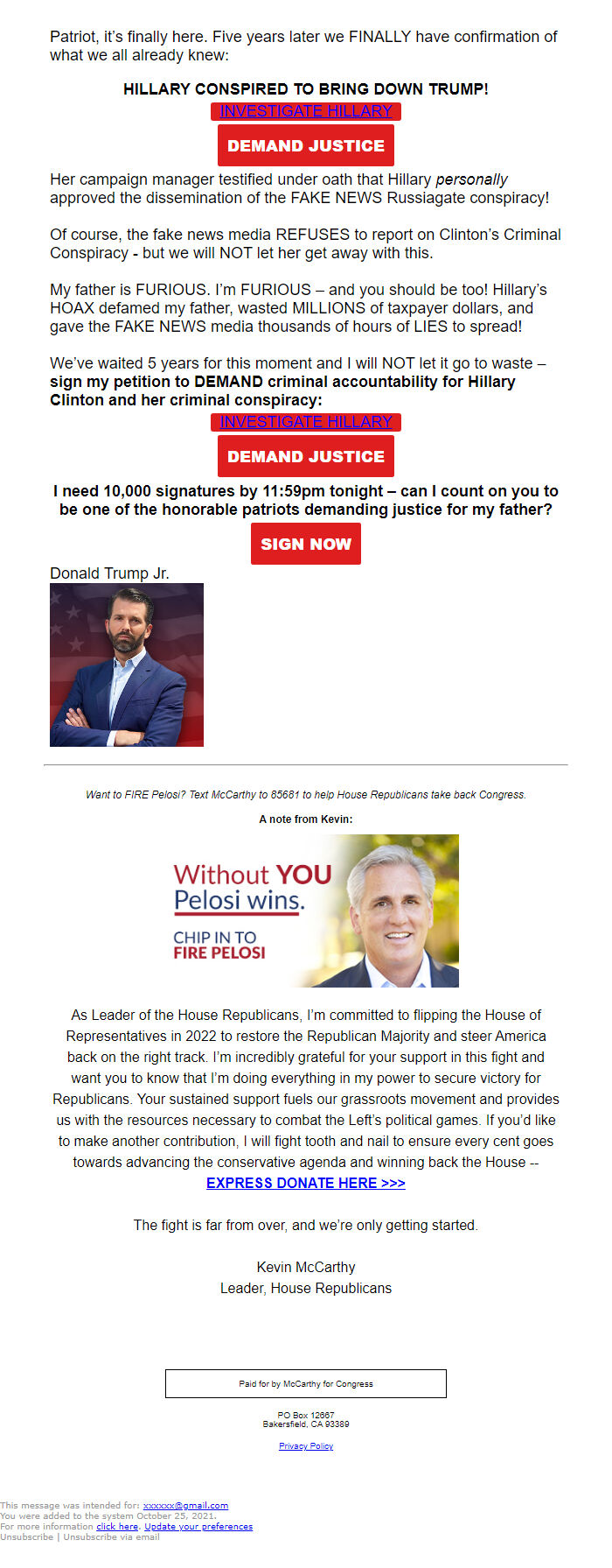 Screenshot of the email generated on import