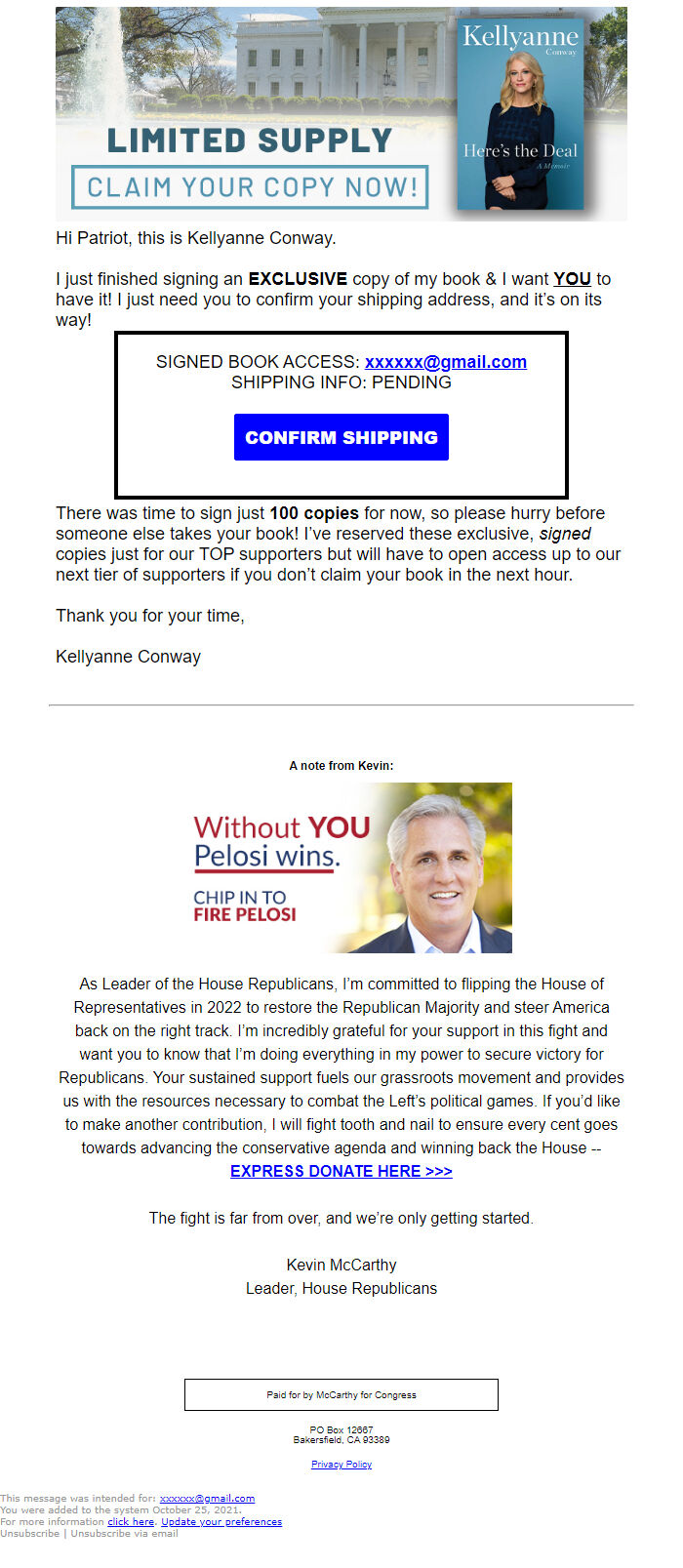 Screenshot of the email generated on import