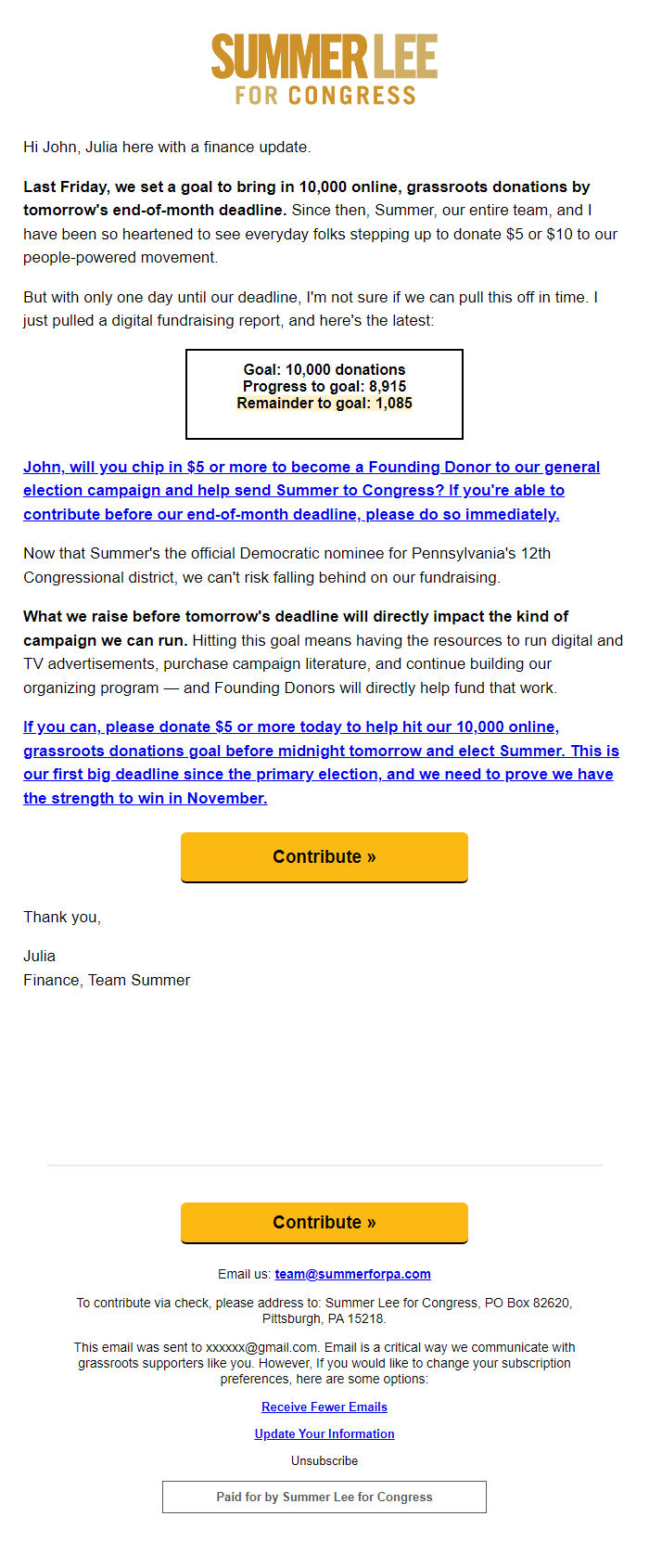 Screenshot of the email generated on import