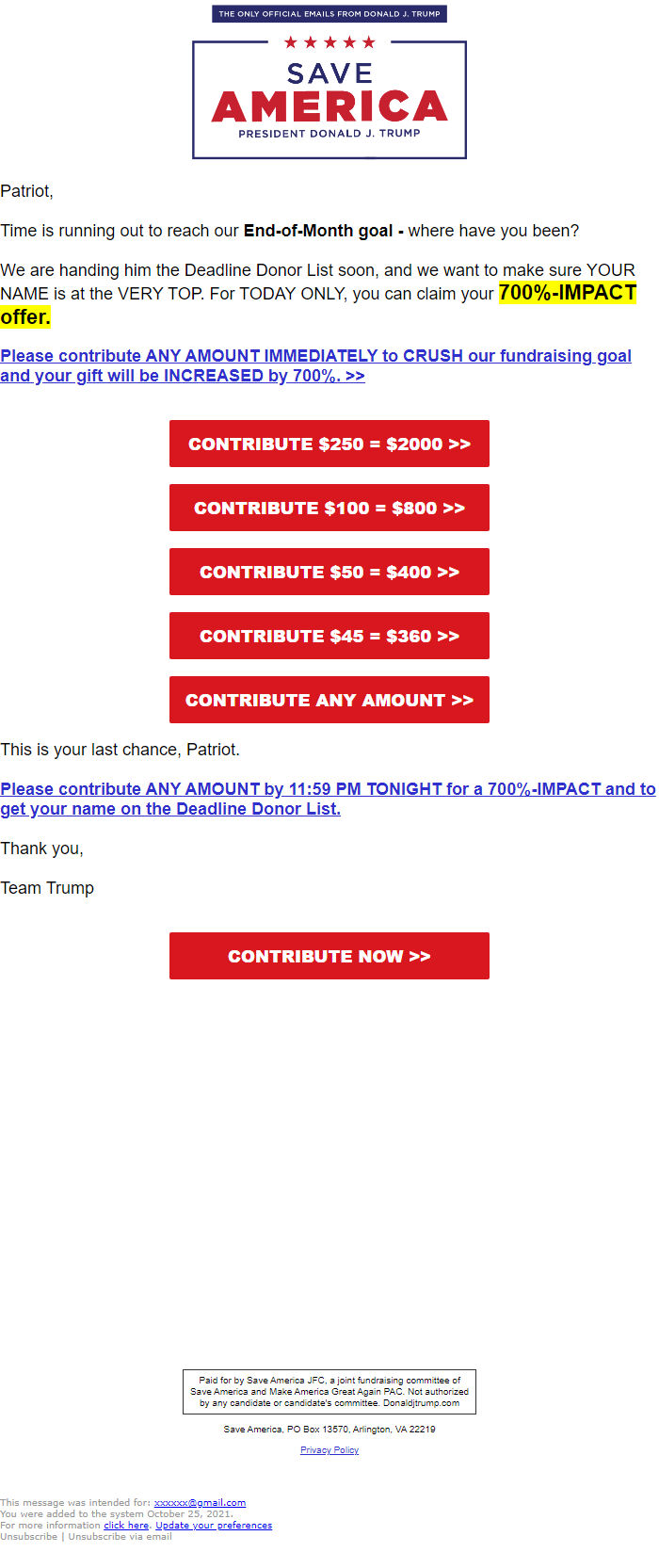 Screenshot of the email generated on import