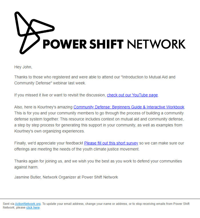 Screenshot of the email generated on import