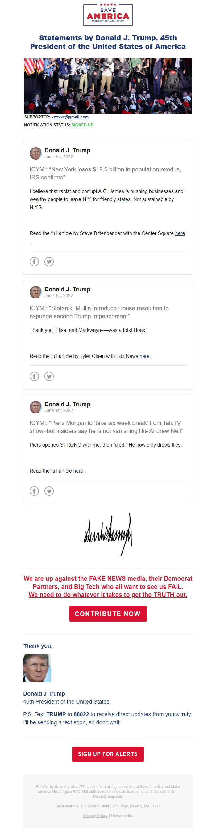 Screenshot of the email generated on import