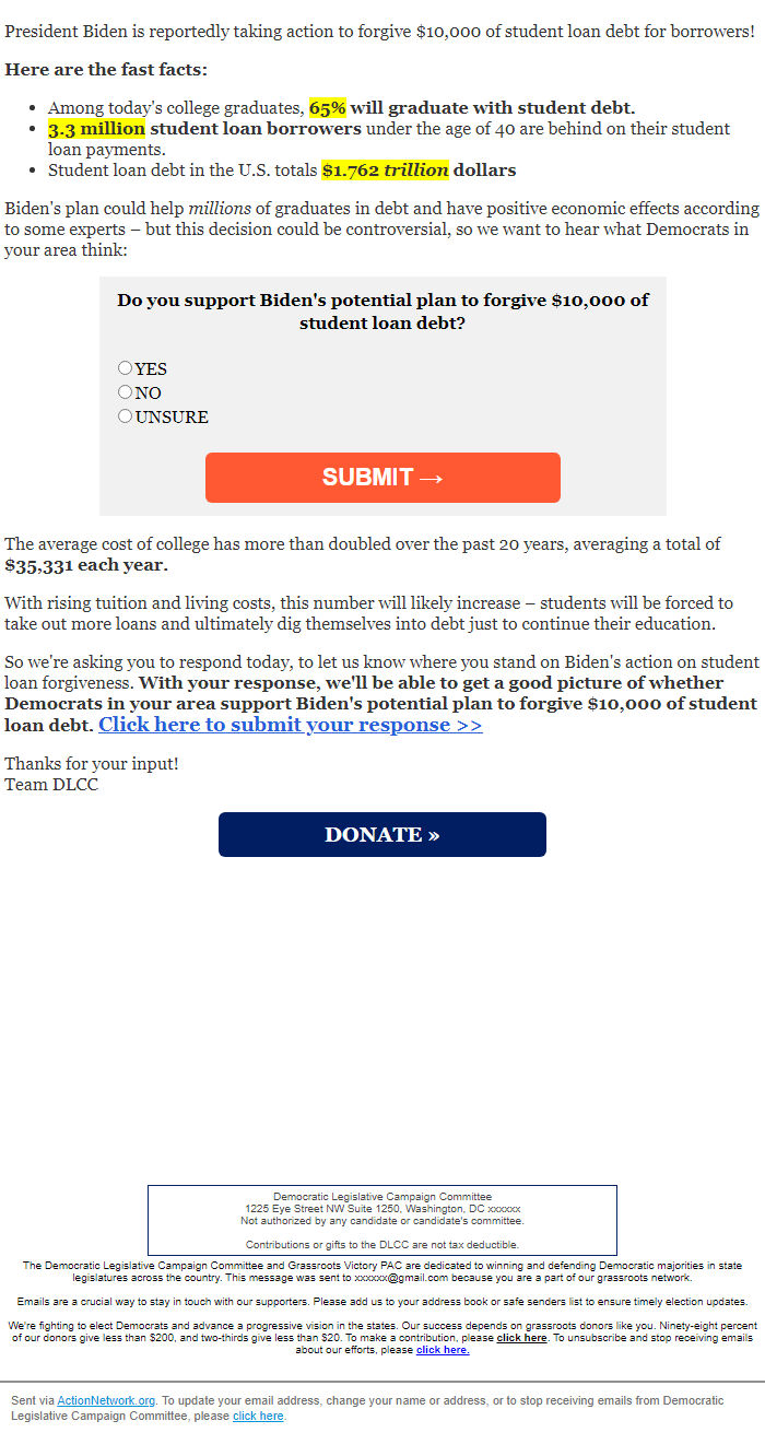 Screenshot of the email generated on import