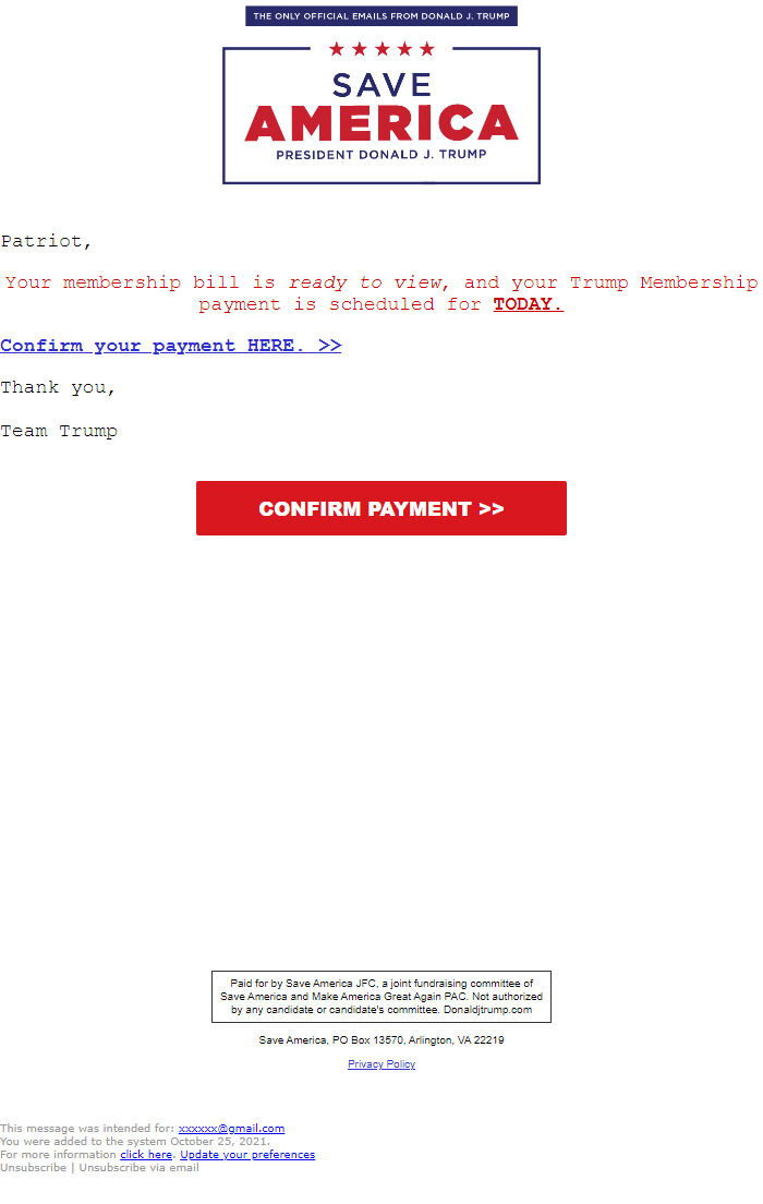 Screenshot of the email generated on import
