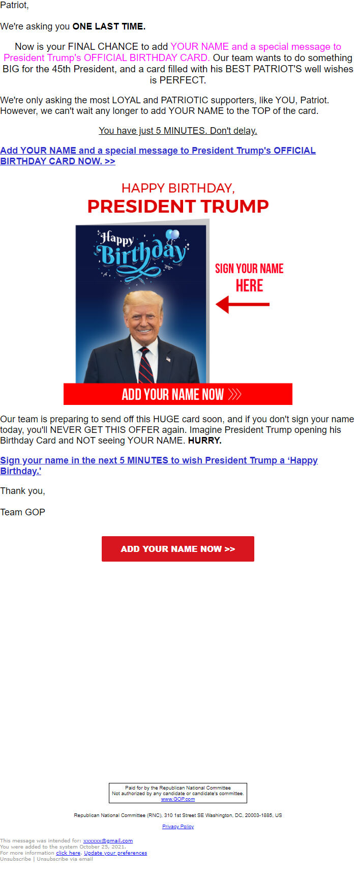 Screenshot of the email generated on import