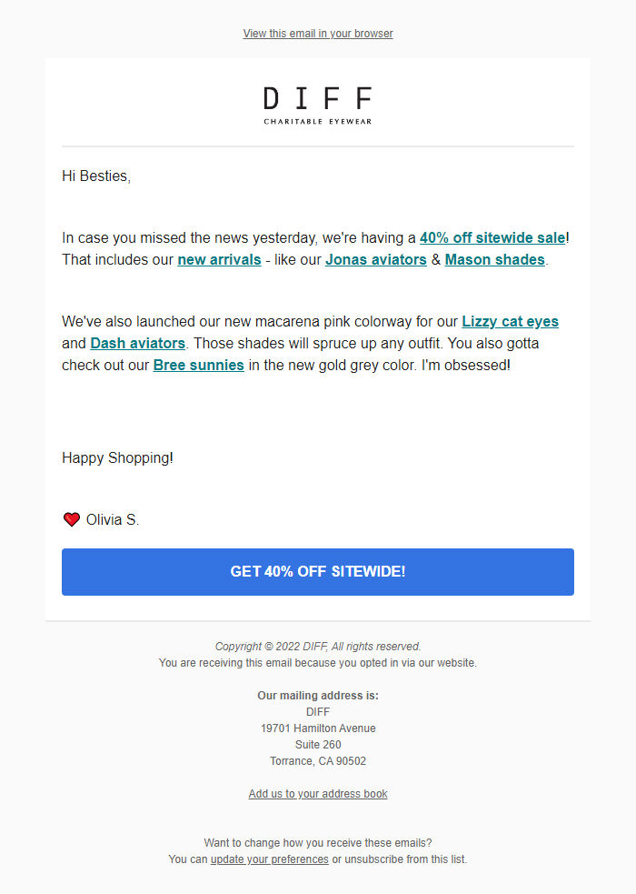 Screenshot of the email generated on import