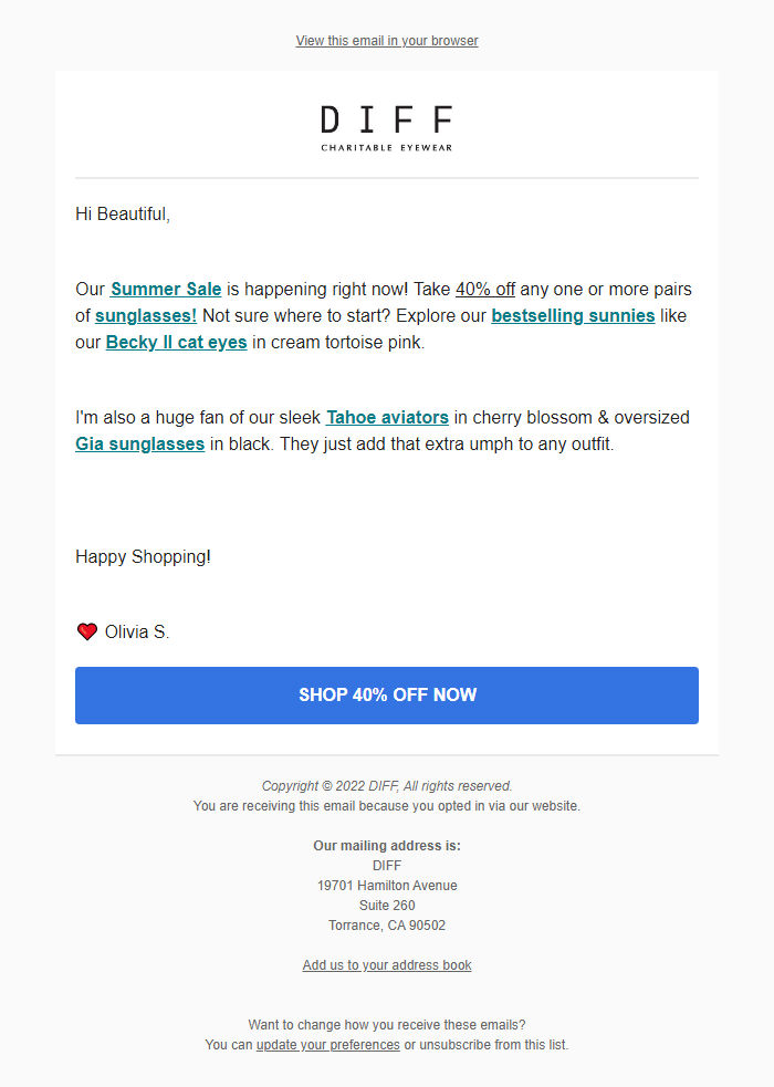 Screenshot of the email generated on import