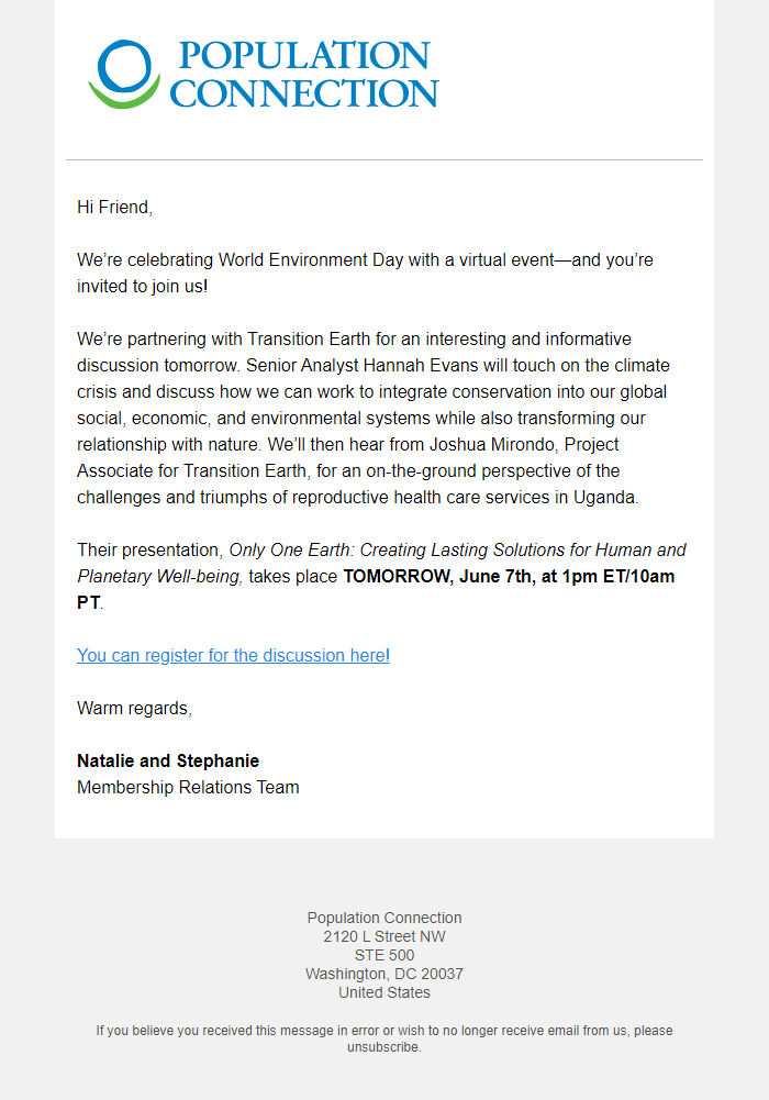 Screenshot of the email generated on import