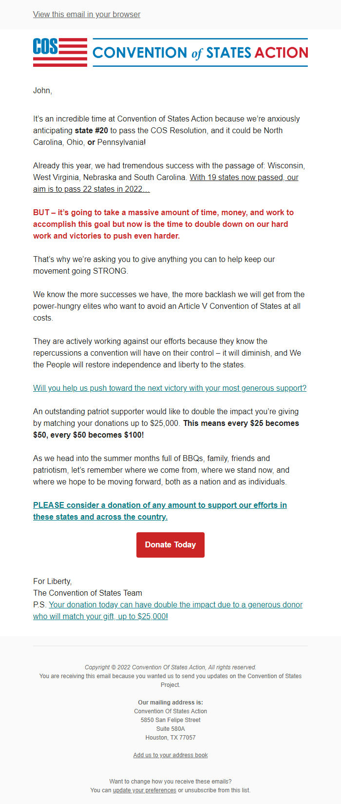 Screenshot of the email generated on import