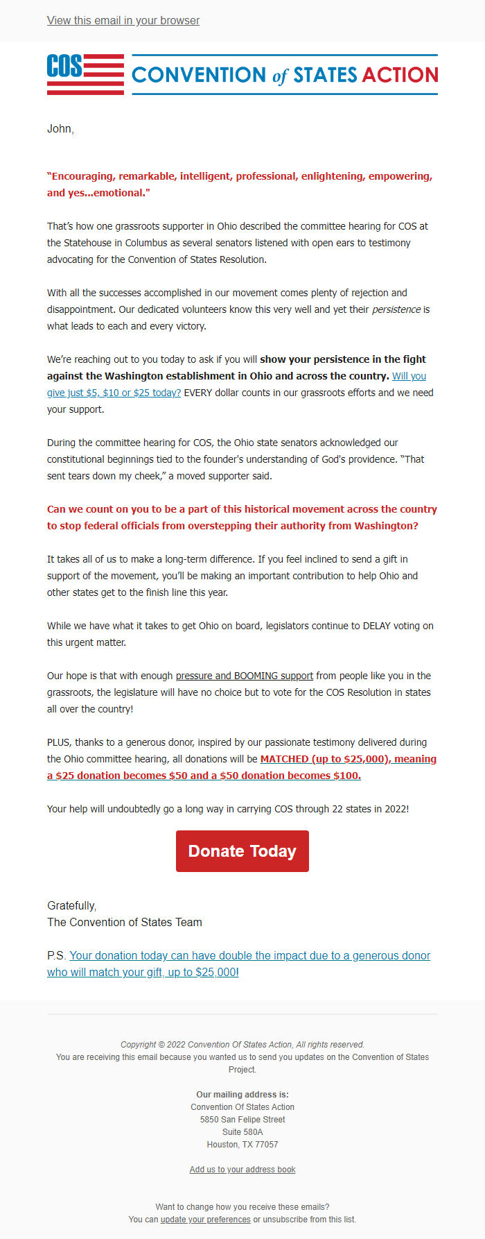 Screenshot of the email generated on import