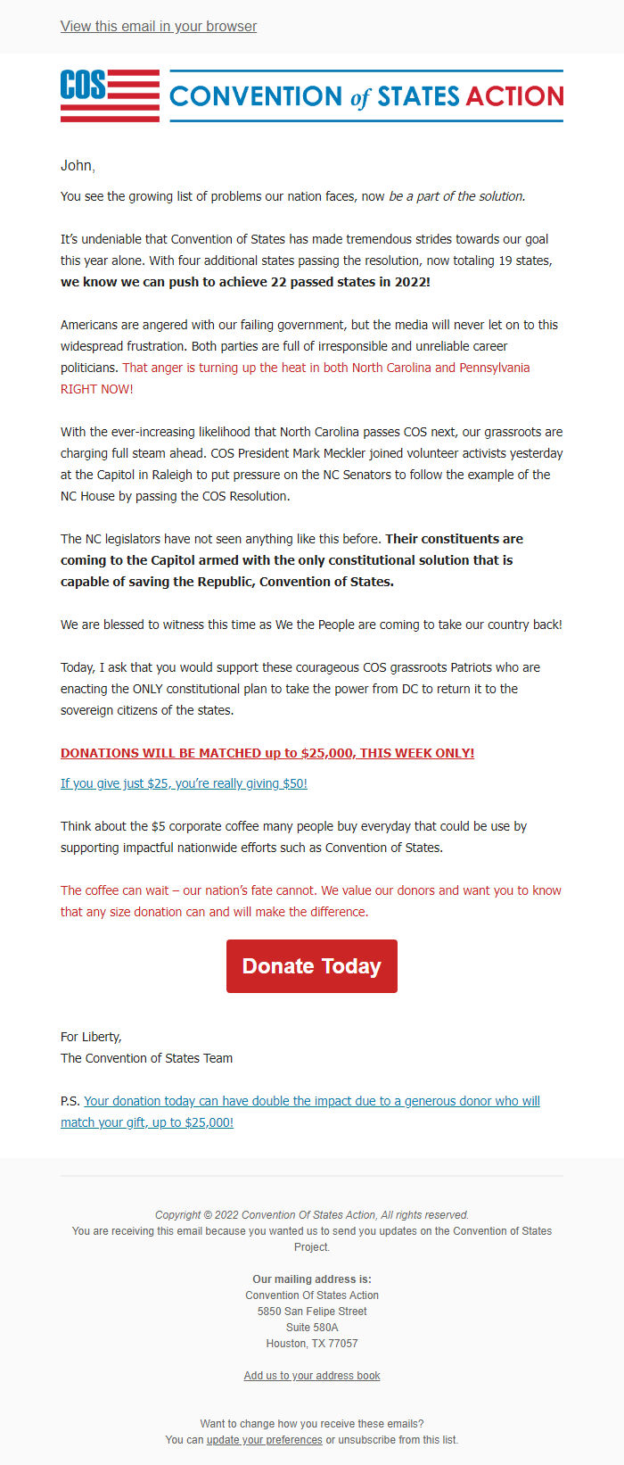 Screenshot of the email generated on import