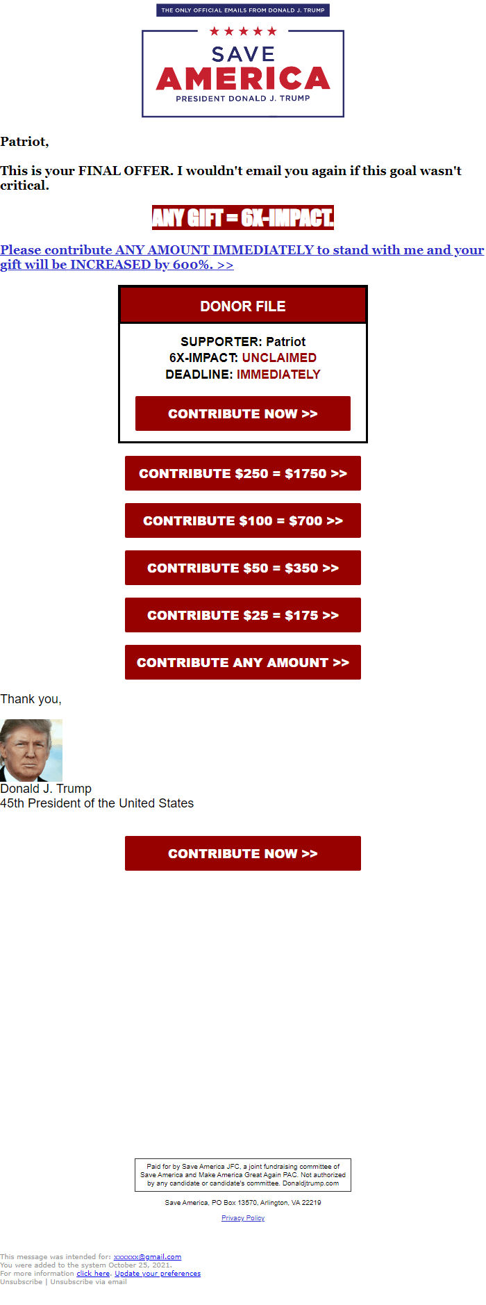 Screenshot of the email generated on import