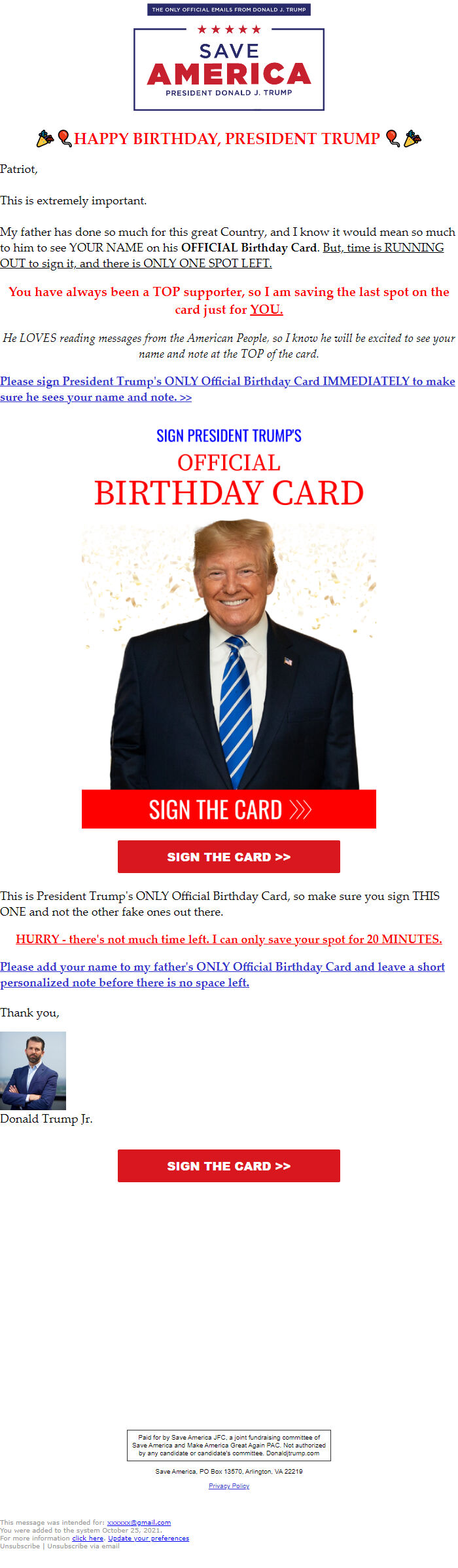 Screenshot of the email generated on import