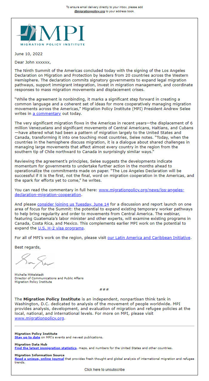 Screenshot of the email generated on import