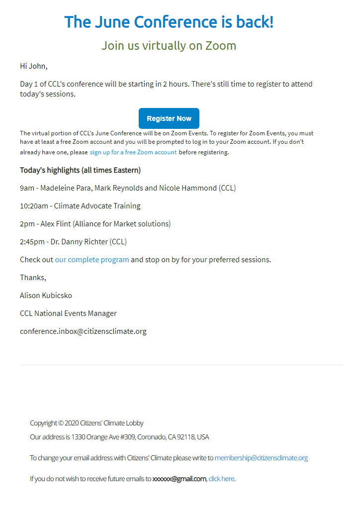 Screenshot of the email generated on import