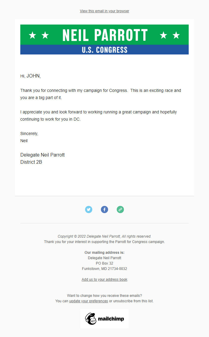 Screenshot of the email generated on import