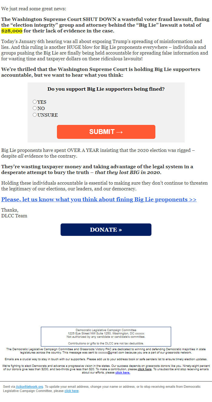 Screenshot of the email generated on import