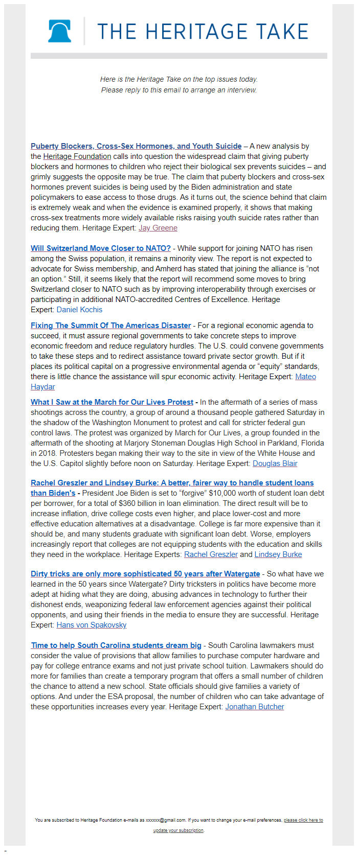 Screenshot of the email generated on import