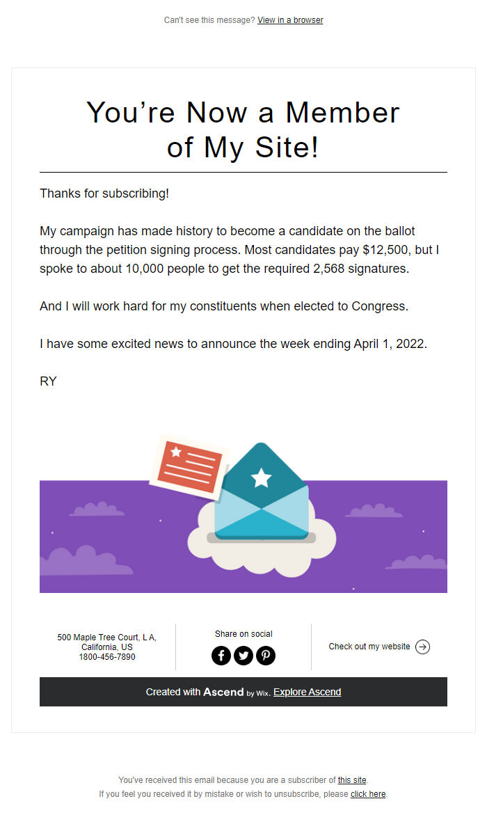 Screenshot of the email generated on import