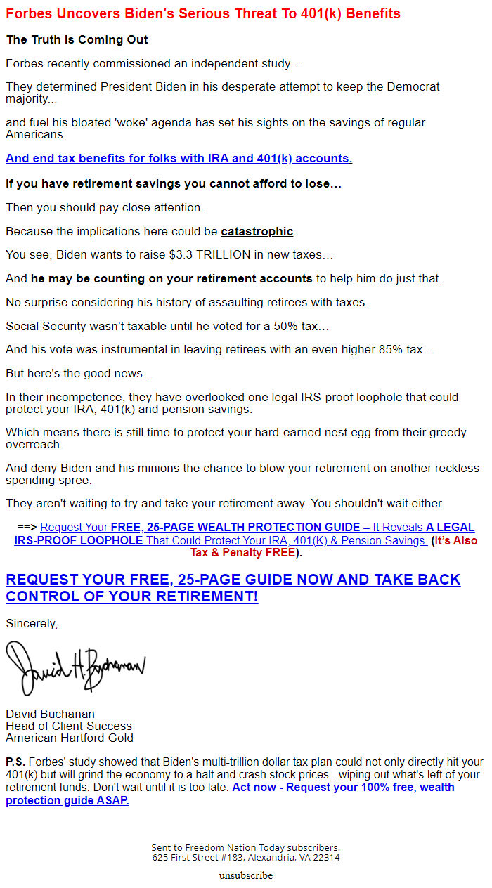 Screenshot of the email generated on import