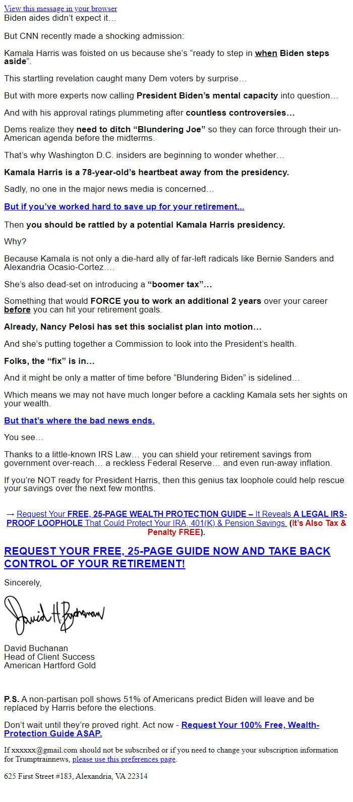 Screenshot of the email generated on import