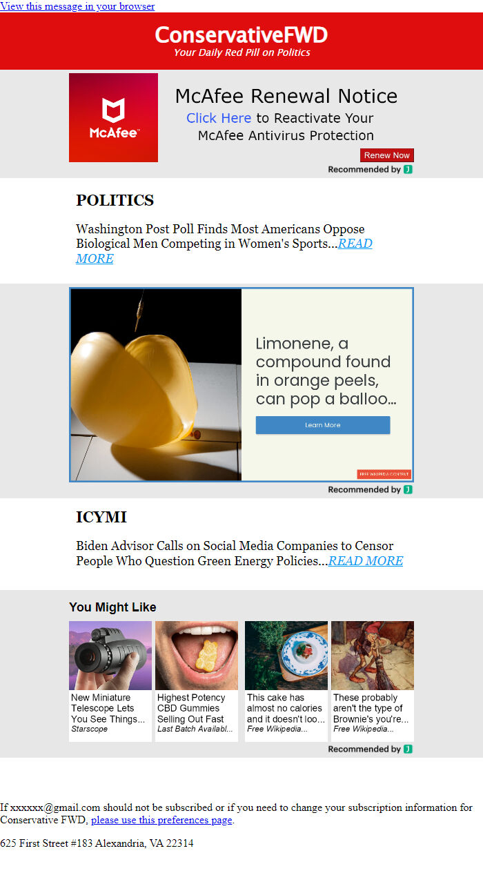 Screenshot of the email generated on import