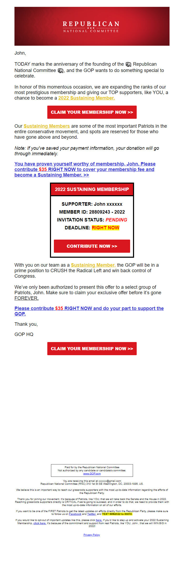 Screenshot of the email generated on import