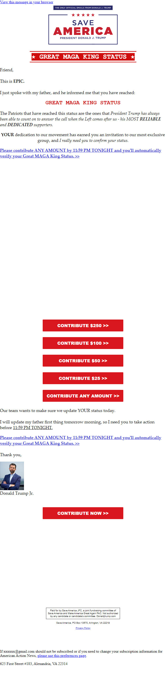 Screenshot of the email generated on import